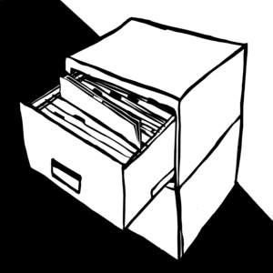 An illustration of a filing cabinet with an open drawer, one file raised above the others.