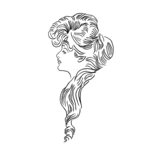 A line-art portrait in profile of a Gilded Age woman with long, flowing hair.