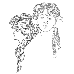 A line art portrait of two women of the Gilded Age, one in profile with long flowing hair, and the other facing forward.