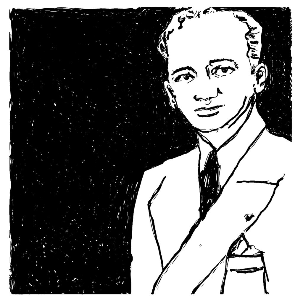 An illustrated portrait of Benjamin Ferencz.