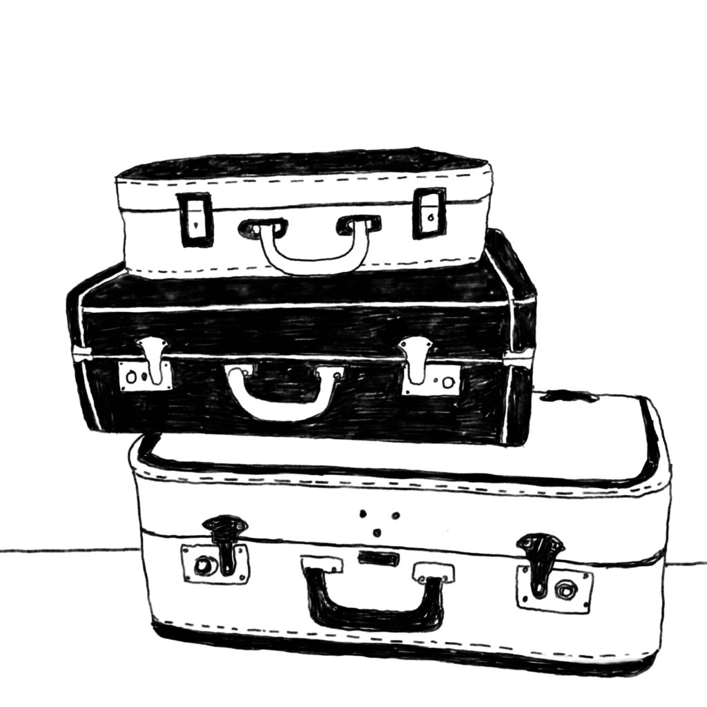 An illustration of three old-fashioned suitcases.