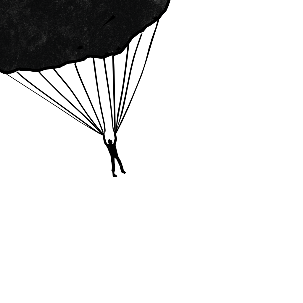 An illustration of a man parachuting down from the upper left corner.