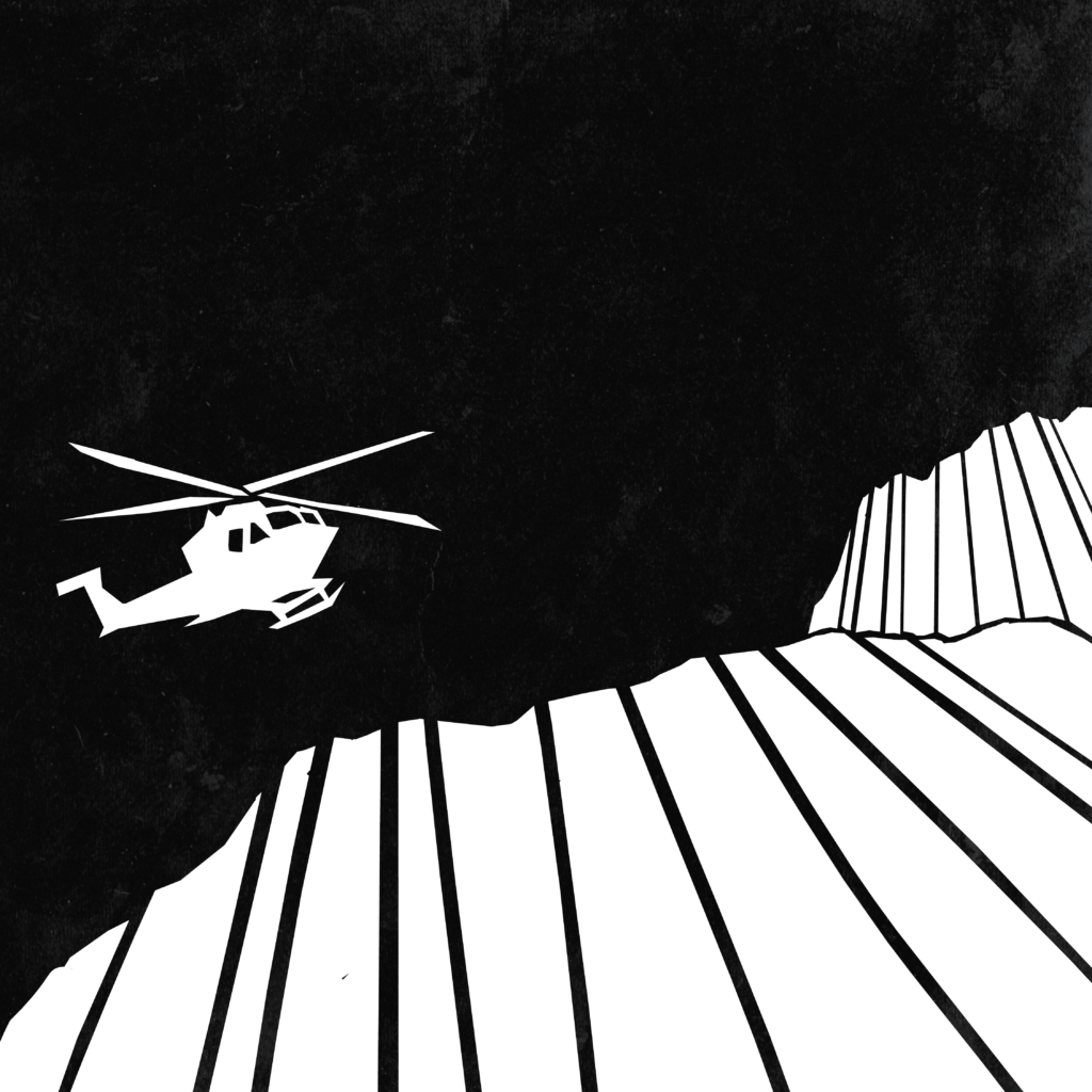 An illustration of a helicopter flying over clifftops.