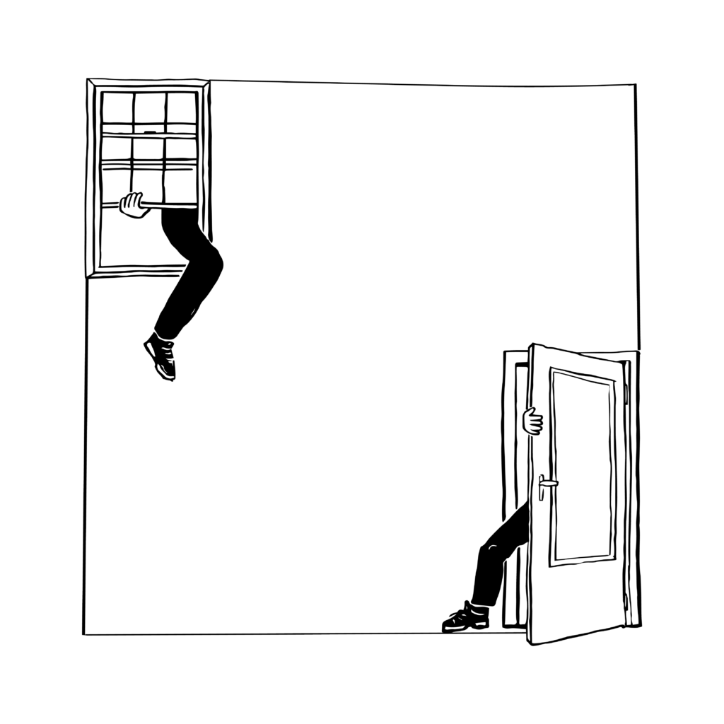 An illustration with a window at upper left, a leg sticking out of it, and a door at lower right, a leg sticking out of it.