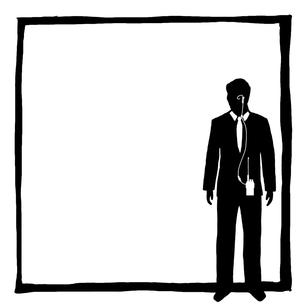 An illustration of a person wearing a suit and a concealed recording device.