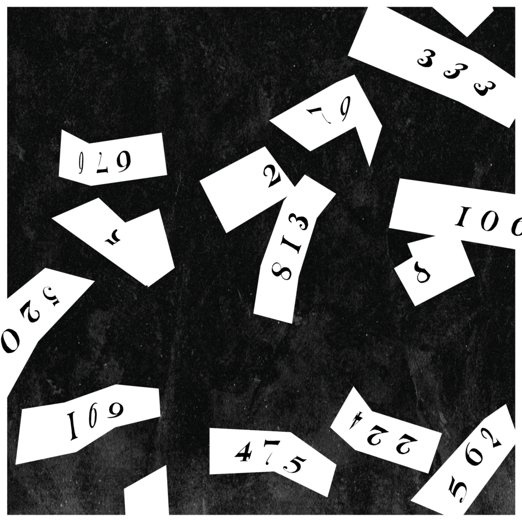 An illustration of little scraps of paper with numbers on them, scattered about.