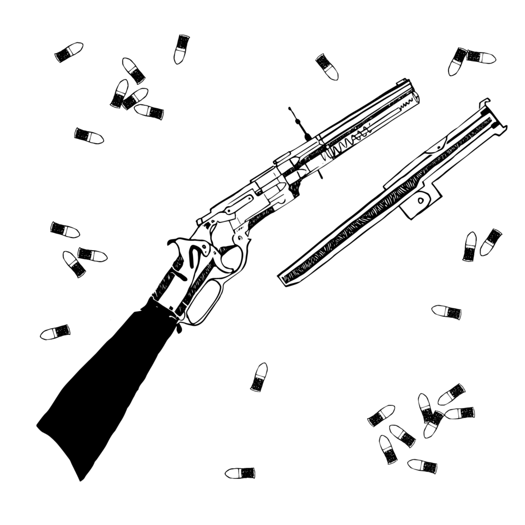 An illustration of a disassembled Winchester rifle, surrounded by bullets.