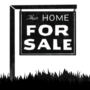 An illustration of a yard sale with the text: This Home For Sale"