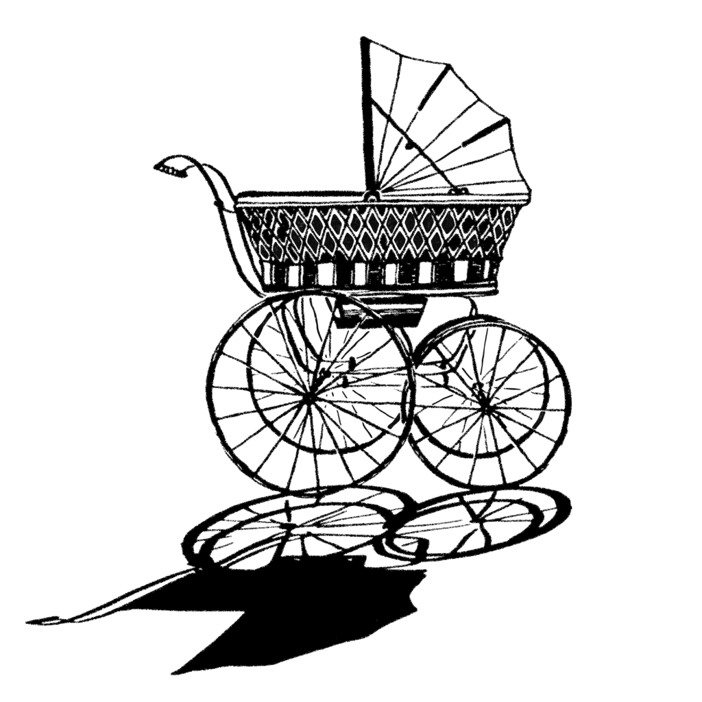 An illustration of an empty, abandoned pram.