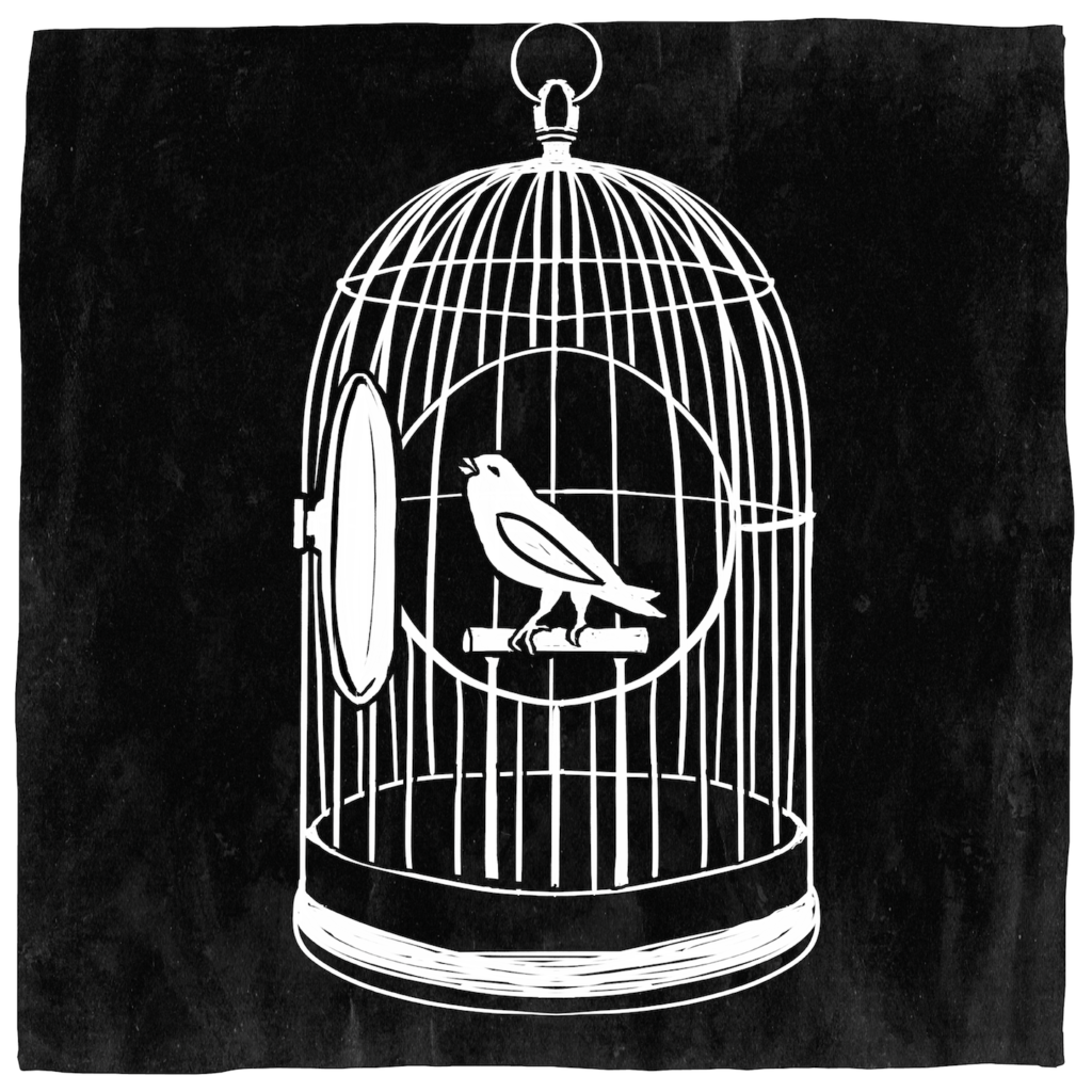 An illustration of a bird in a cage, the door open.