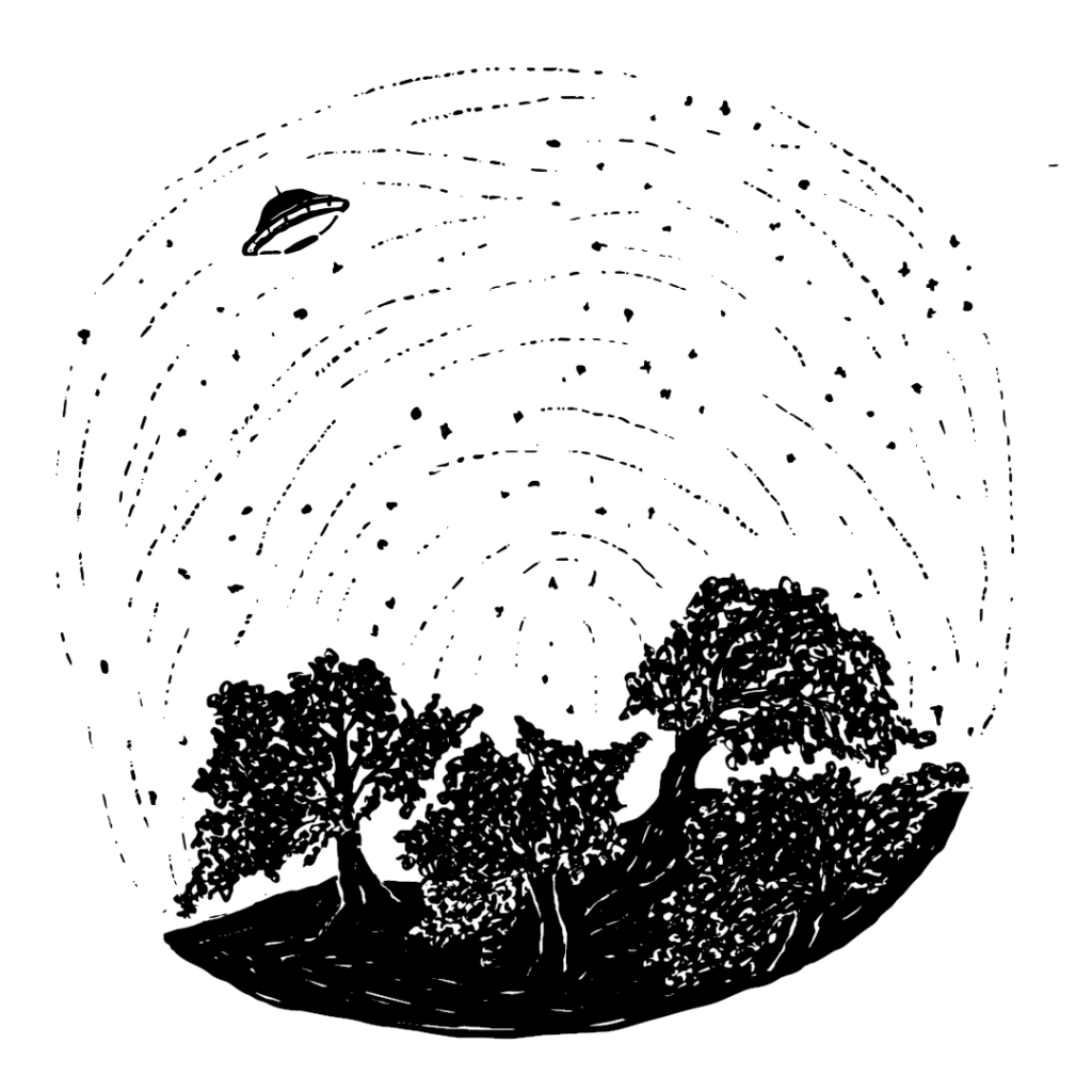 An illustration of the earth with the stars in the sky, and a UFO hovering over the ground.