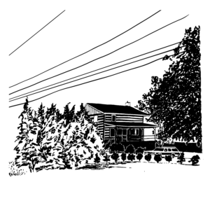 An illustration of a cabin amongst some trees, telephone wires overhead.