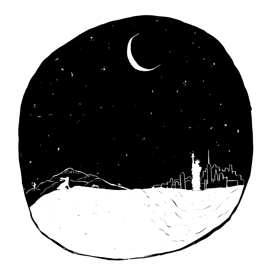 An illustration of a city skyline with a replica of the Statue of Liberty under a night sky with a crescent moon, and a little bunny lit by the moon.