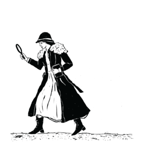 An illustration of a woman in a dress with a long coat and boots, walking, and peering through a magnifying glass.