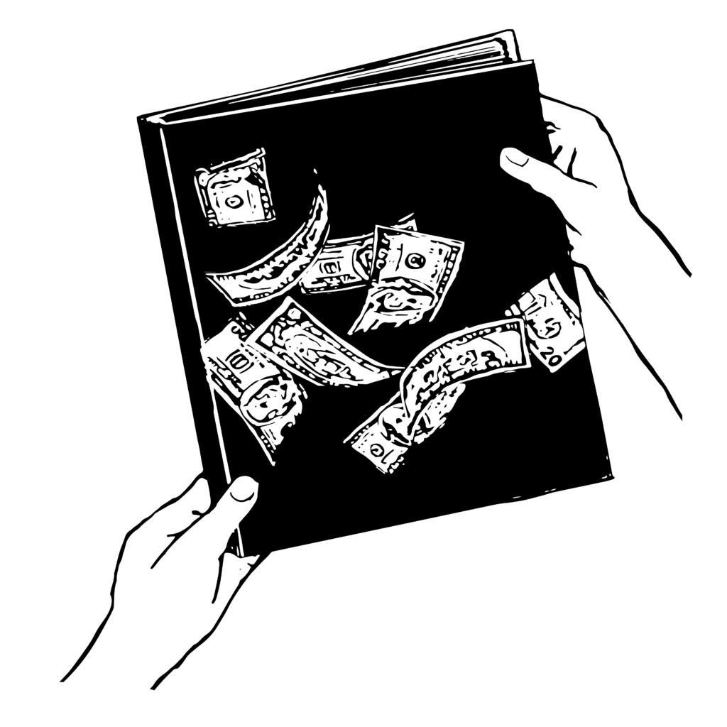 An illustration of a book held in two hands, with cover art of money fluttering about.