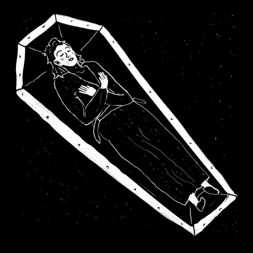 An illustration of a woman in a coffin, her arms crossed over her chest, eyes closed.