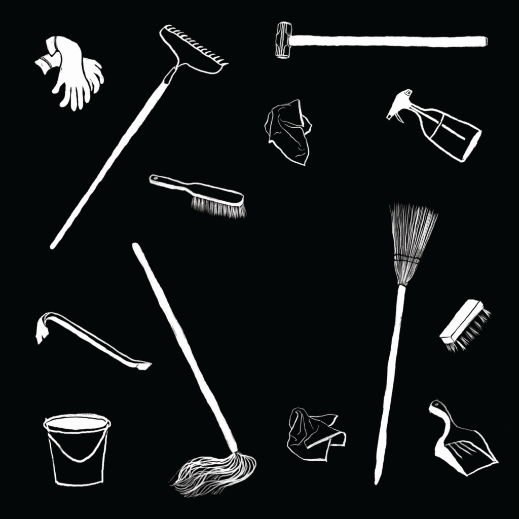 An illustration of various cleaning and construction tools, including a mop, a bucket, gloves, a dustpan, a spray bottle, and a sledgehammer.