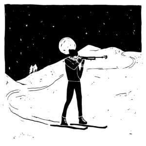 An illustration of a biathlete on cross-country skis, rifle lifted to her eye.