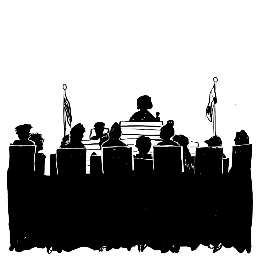 An illustration of a courtroom.
