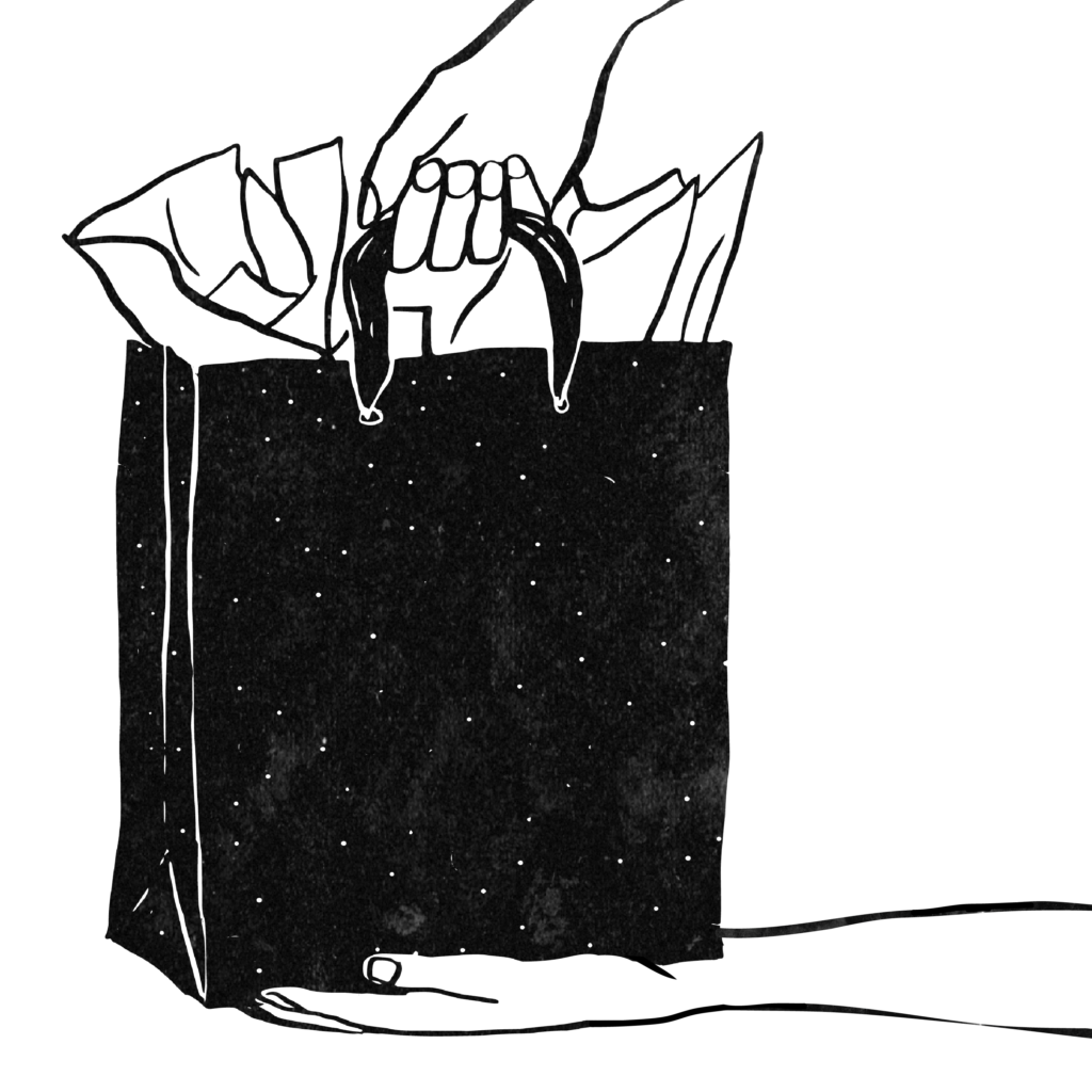 An illustration of two hands holding a gift bag-style bag that holds a container of cremated human remains.