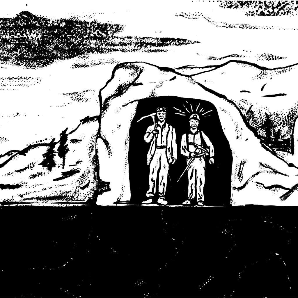 An illustration of two miners standing at the entrance of a mine.