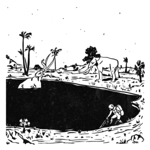 An illustration of two woolly mammoths and a scuba diver entering a tar pit.