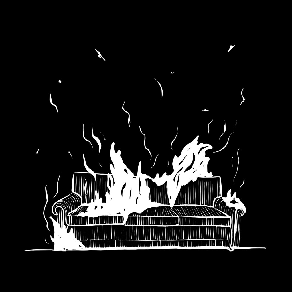 An illustration of a couch on fire.
