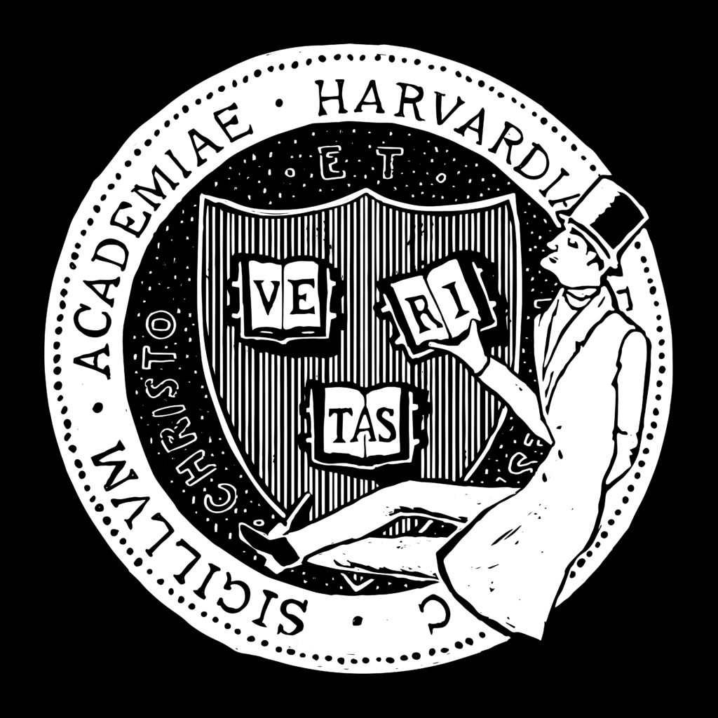 Illustration: Harvard's circular insignia with three books open, each page bearing one of the letters of Veritas. A man in a long coat and top hat sits at the bottom of the circle, holding the book with the R and I of Veritas.