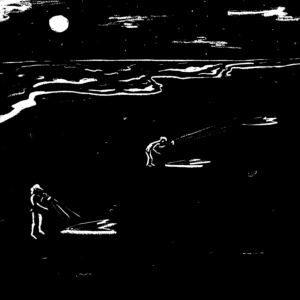 Black and white illustration of 2 people standing on the beach with flashlights, examining mysterious 3-toed footprints, underneath a full moon