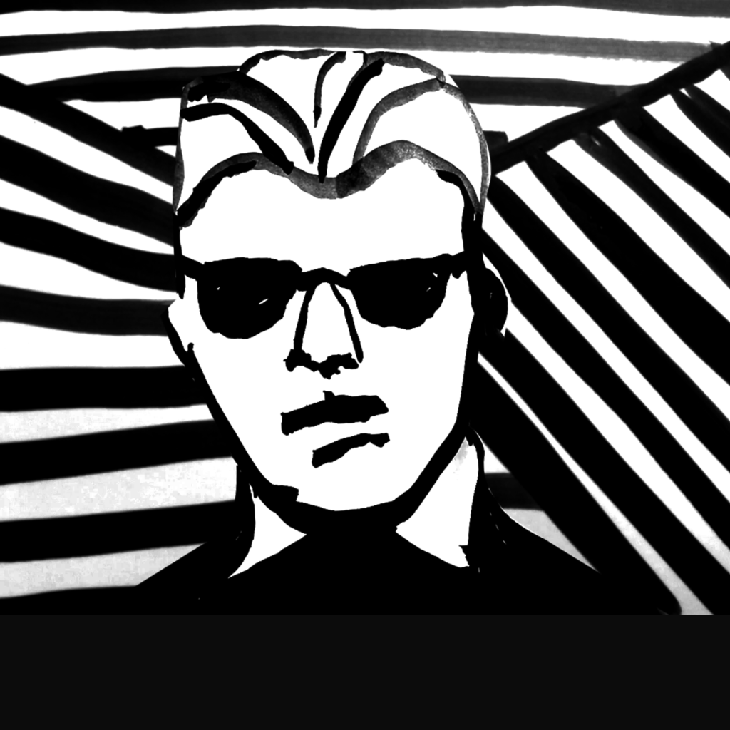 Black and white digital illustration of a talk show host who looks semi-robotic. Text: Criminal, Episode 153: The Max Headroom Incident.