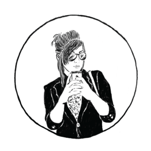 Black and white sketch of a woman wearing sunglasses and a blazer taking a mirror selfie.