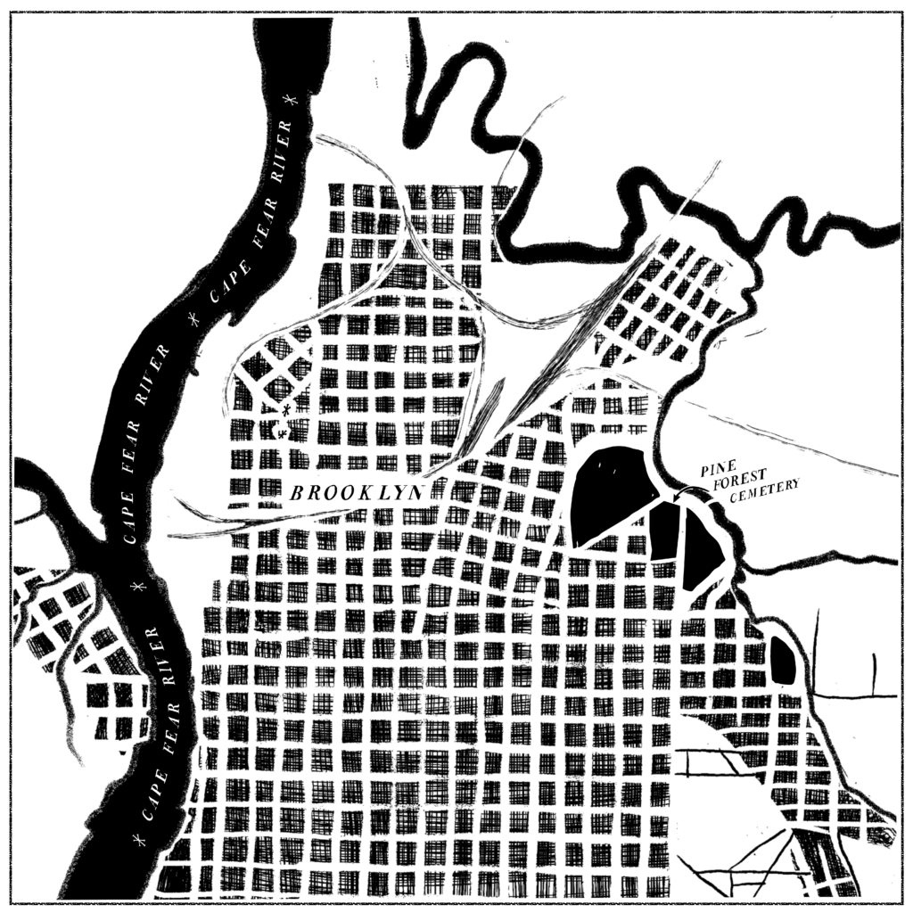 Illustration of a map of Wilmington, North Carolina, with the Brooklyn neighborhood and Pine Forest Cemetery labeled.