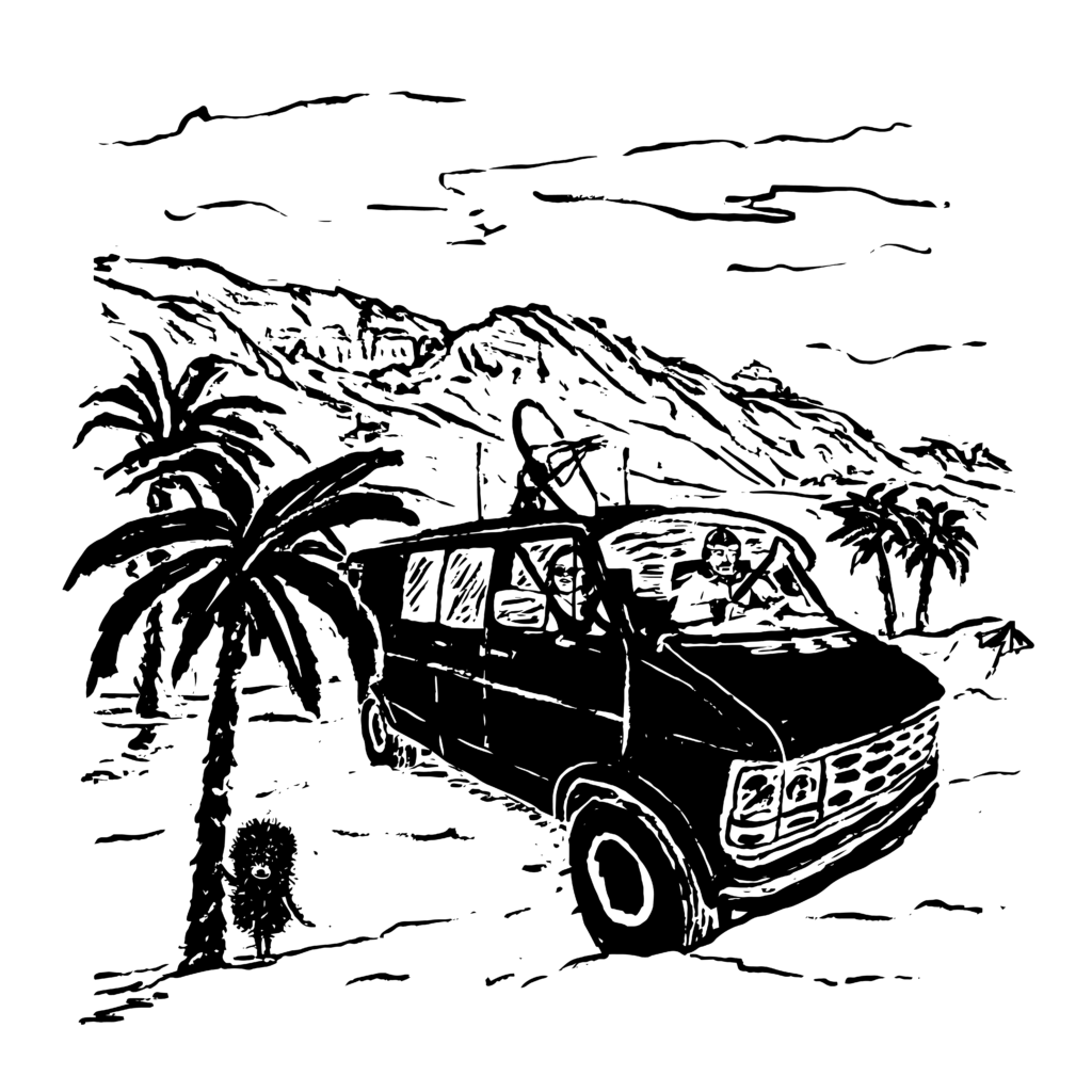 A man driving a surveillance van with a dish on top, with a woman in the passenger seat looking out the window. There are mountains in the background and palm trees in the foreground, as well as a small hedgehog standing beside one of the trees.