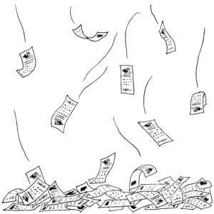 Black and white illustration showing lottery tickets piling up at the bottom of the frame, with more tickets floating down to meet them.