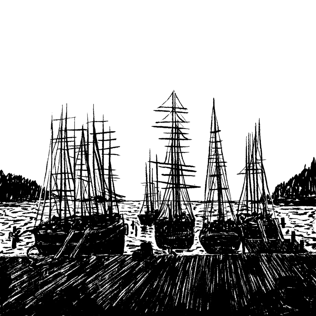 Digital illustration of huge old ships at a port, with a hint of mountains around them. The docks have lumber piles ready to be loaded.