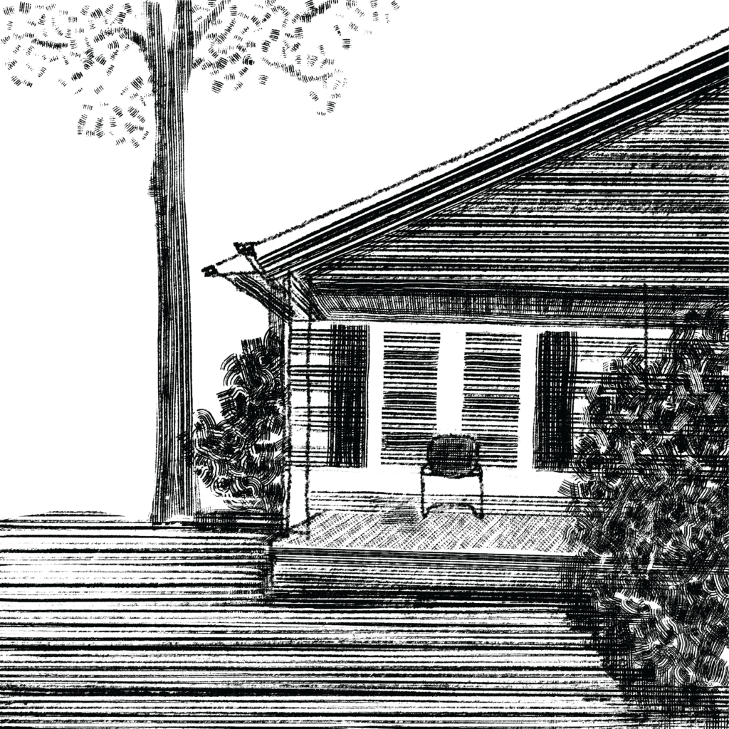 Black and white digital illustration of the outside of a house, with a porch and a single chair sitting empty.