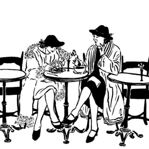 Black and white sketch of two women wearing furs and hats, sitting at a round café table eating lunch.
