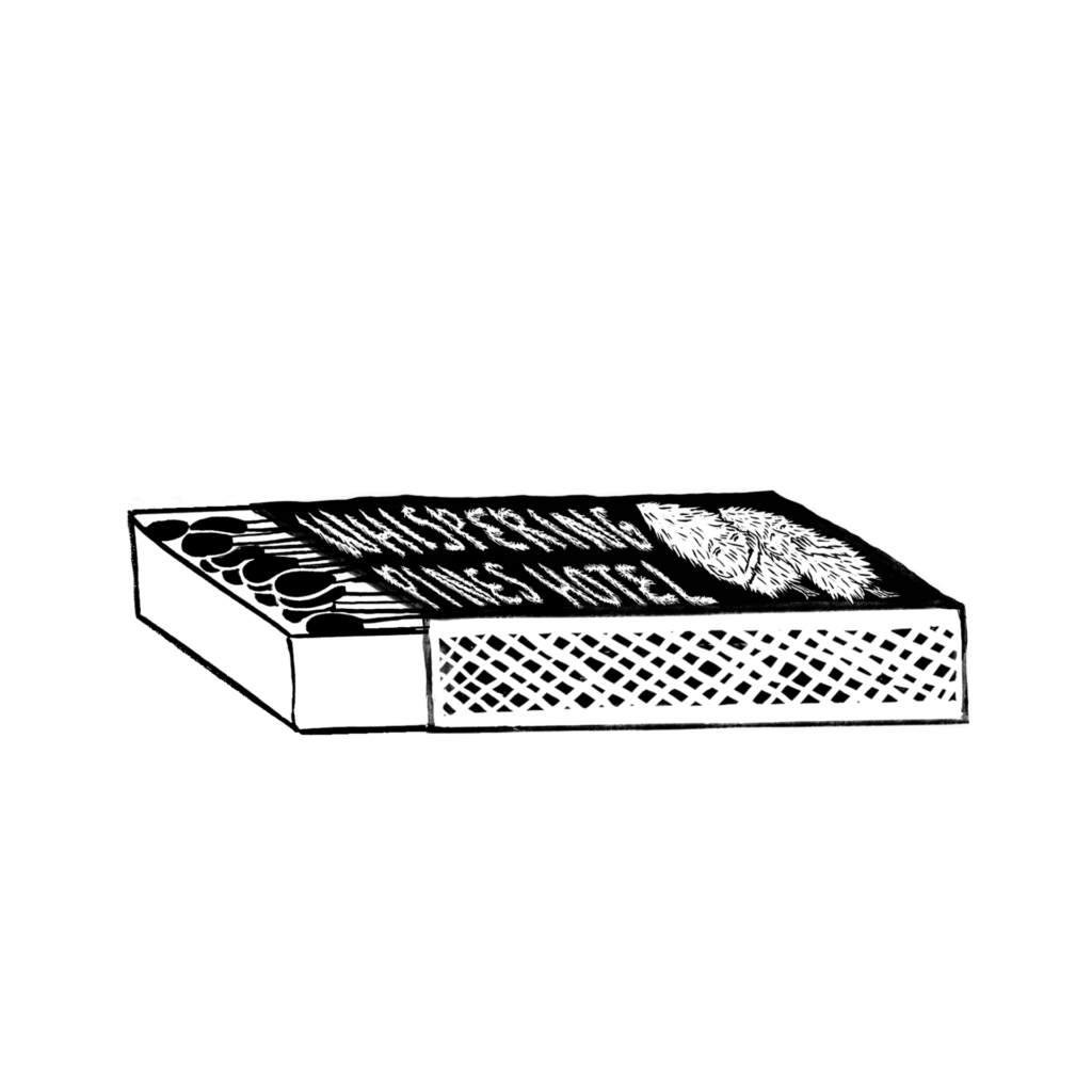 Black and white sketch of a slightly open box of matches, with “Whispering Pines Hotel” on the lid, and two pine trees standing next to each other.