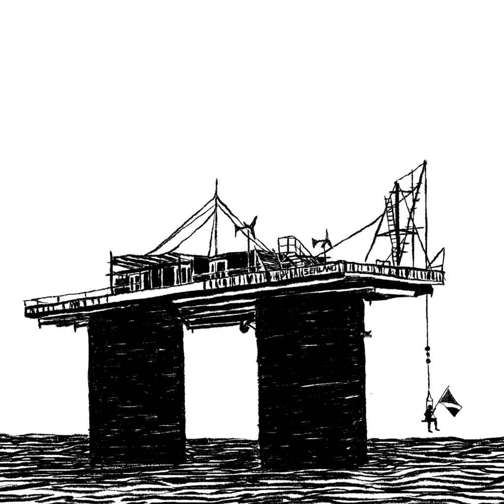 Black and white illustration of an old World War Two sea fort, also known as the “Principality of Sealand.” The fort is a small building on a platform above two very wide columns standing in the ocean. A person is sitting on a swing hanging from the fort’s platform, holding a flag.