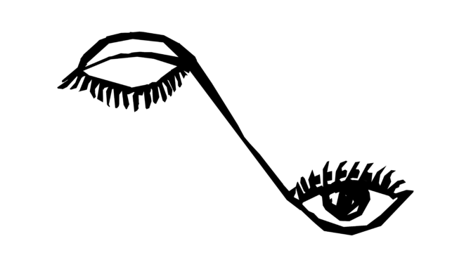 Black and white abstract illustration of two eyes, one open and one shut.