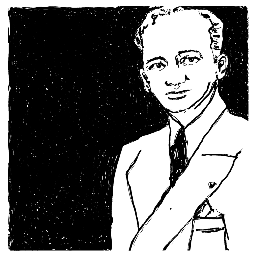 Black and white sketch of Benjamin Ferencz from the chest up, as a young man, wearing a suit