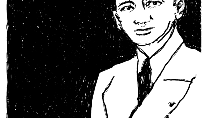 Black and white sketch of Benjamin Ferencz from the chest up, as a young man, wearing a suit