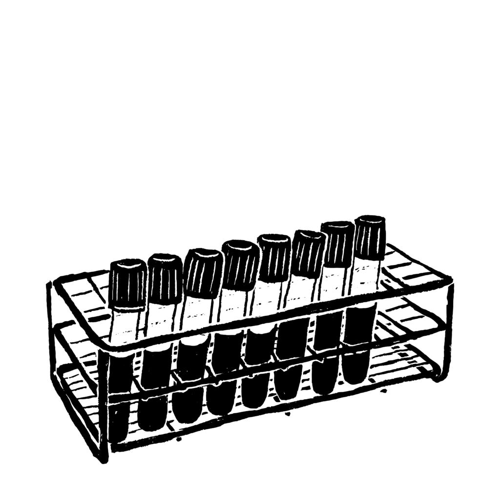 Black and white sketch of eight vials sitting in a vial holder, half full with dark liquid that looks like blood.