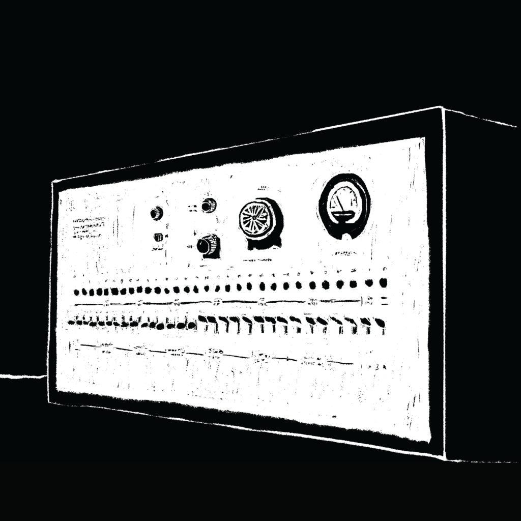 White sketch, against a black background, of Stanley Milgram's shock machine. It resembles an old fashioned radio, with long rows of switches and indicator lights, and dials at the top.