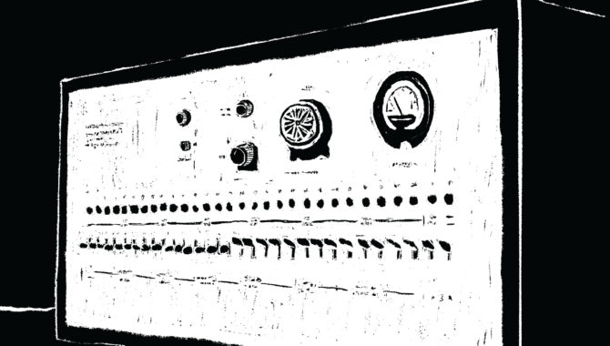 White sketch, against a black background, of Stanley Milgram's shock machine. It resembles an old fashioned radio, with long rows of switches and indicator lights, and dials at the top.