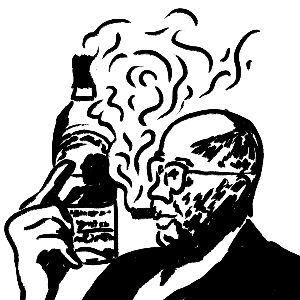 Black and white digital illustration of a man in profile, smoking a piple, holding a tall bottle of whiskey in front of his face.