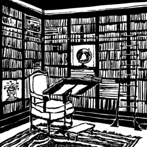 Black and white sketch showing a corner of a cozy looking library. There’s an armchair with a large, open book propped up on a pedestal in front of it. Behind the armchair are shelves that go up to the ceiling, filled with books, and there’s also a globe on one shelf.