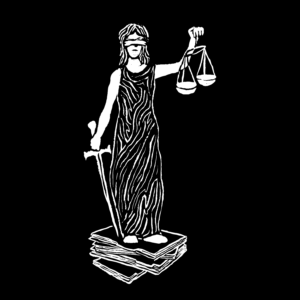 Black and white illustration of a woman standing on top of a pile of papers, wearing a long dress, holding a sword in one hand and a set of scales in the other. She's blindfolded.