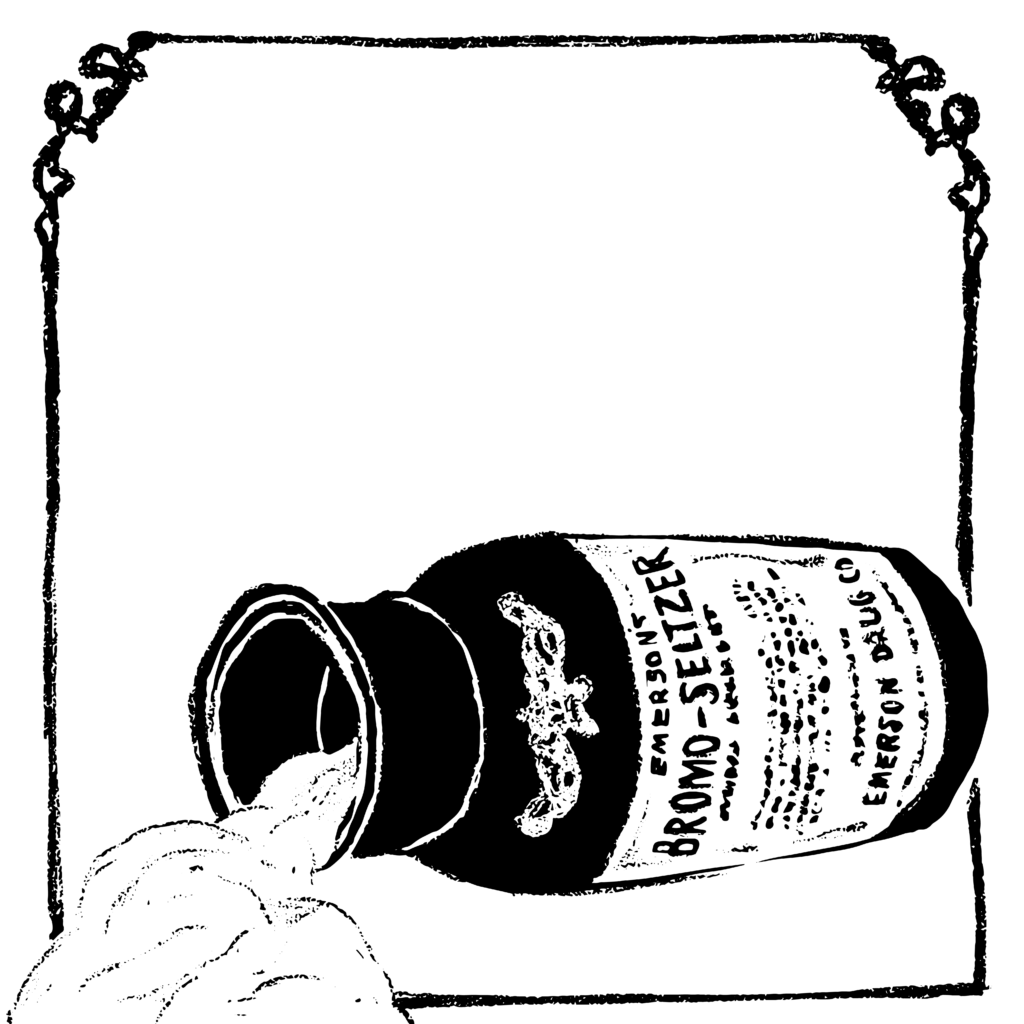 Black and white illustration of an old-timey Bromo-Seltzer medicine bottle tipped on its side.