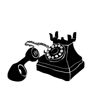 A black and white illustration of a rotary style telephone. The phone is off of the hook.